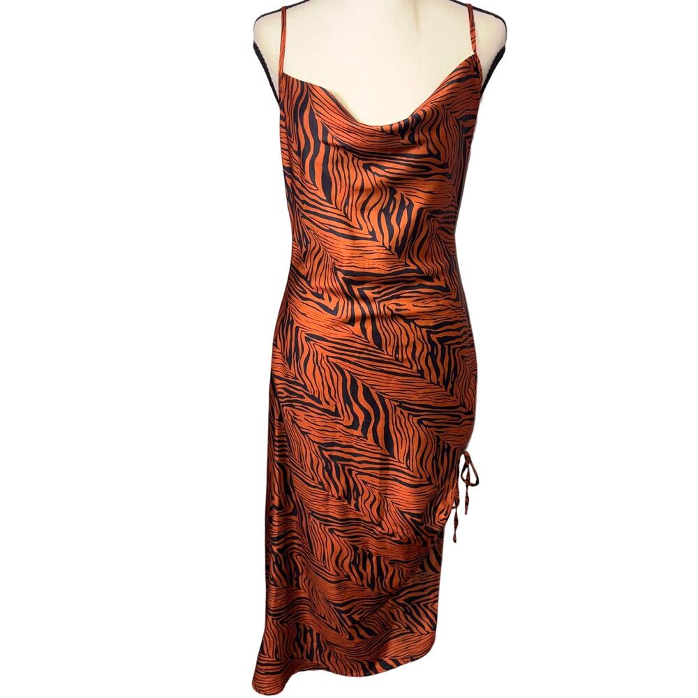 MobWife Sexy Satin Cowl Neck Midi Slip Dress Ruched Side Animal Print Dress S/M